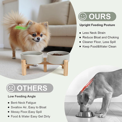 SPUNKYJUNKY Elevated Dog Bowls Ceramic, 6.1'' Dogs and Cat Food Water Bowls Raised with Non-Slip Bamboo Stand for Medium Sized Breed Microwave Dishwasher Safe - 28.7 OZ,Beige
