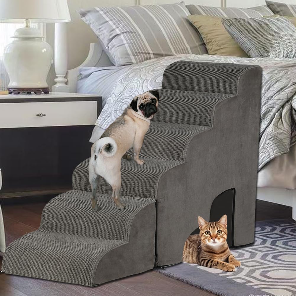 Dog Stairs for High Beds 30-36 inches Tall, 6-Step Dog Steps for Bed 32-36 inches for Small Large Dogs, Doggie Ramp for Bed, 30D Foam Pet Stairs for Old Dogs/Cats, Free-Installation, Grey
