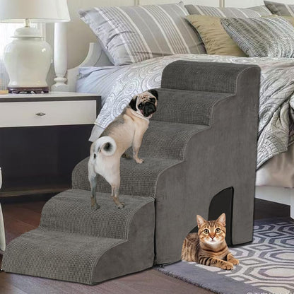 Dog Stairs for High Beds 30-36 inches Tall, 6-Step Dog Steps for Bed 32-36 inches for Small Large Dogs, Doggie Ramp for Bed, 30D Foam Pet Stairs for Old Dogs/Cats, Free-Installation, Grey
