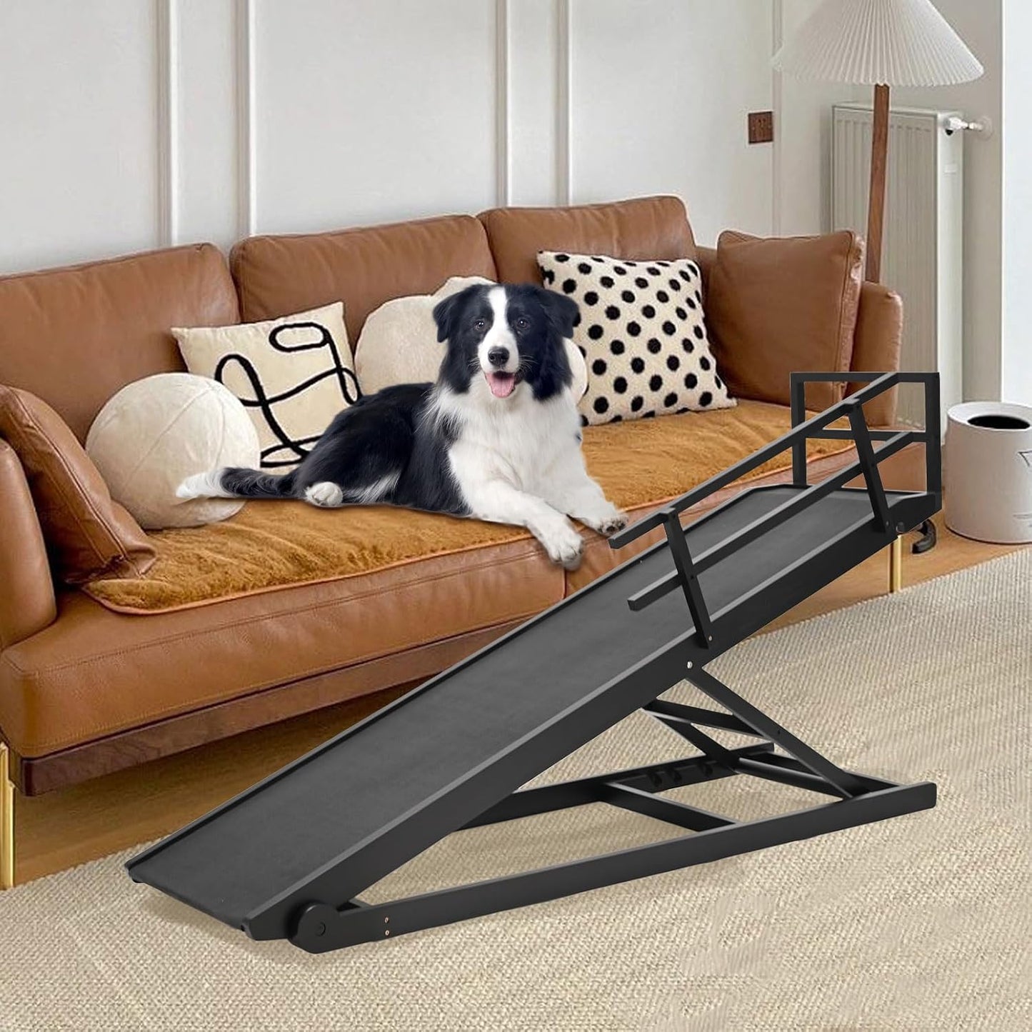 Dog Ramp for Bed, Adjustable Pet Ramps for Dog to Get on Bed, Non-Slip Rubber Surface - Folding Wooden Dog Ramp for Small/Large/Old Dogs, Adjustable up to 27.5 inch High Beds, Safety Railings