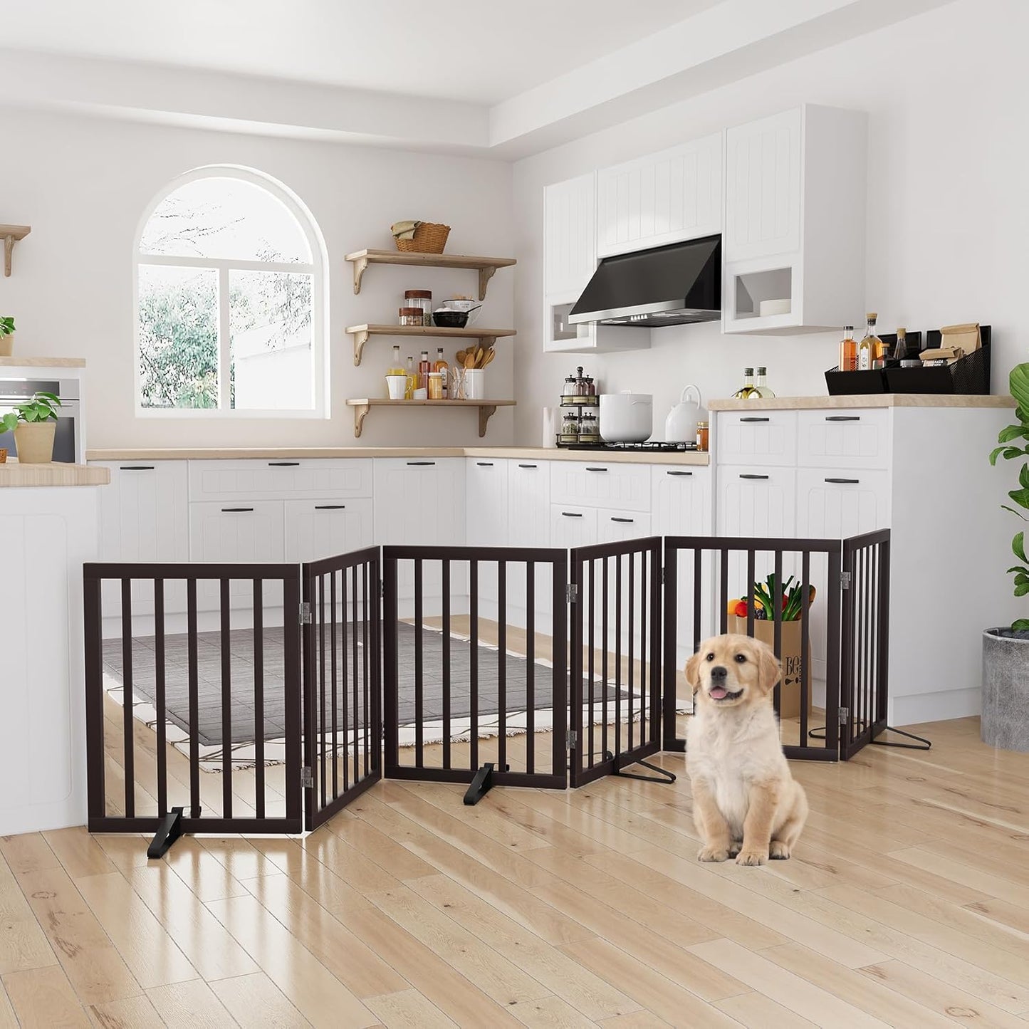 Freestanding Dog Gates Indoor, 3-Panel Pet Gates with 2 Metal Stands and 360° Hinge, 24" H Foldable Dog Gate for Stairs, Doorway, Kitchen, Expands Up to 55" Fully Assembled - Black Walnut