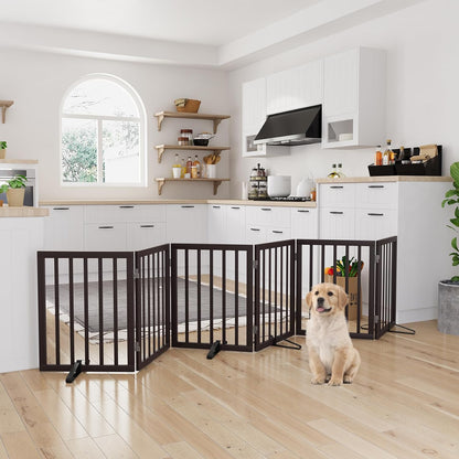 Freestanding Dog Gates Indoor, 3-Panel Pet Gates with 2 Metal Stands and 360° Hinge, 24" H Foldable Dog Gate for Stairs, Doorway, Kitchen, Expands Up to 55" Fully Assembled - Black Walnut