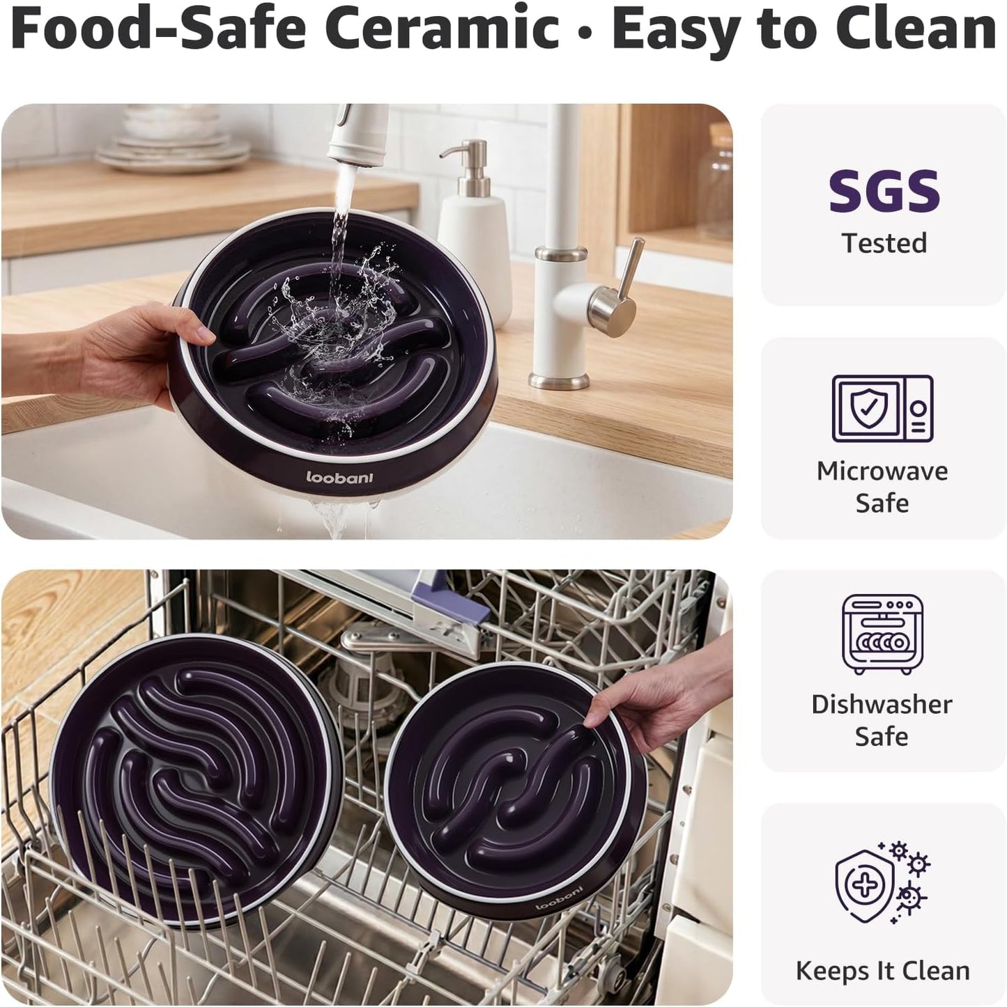 LOOBANI Slow Feeder Dog Bowls - 3.5 Cups Ceramic Slow Feeder Dog Bowls for Large Dogs, Slow Feeding Easy-Grip Handles, Perfect for Fast Eaters Goldens, Labradors & Huskies (L, Purple)