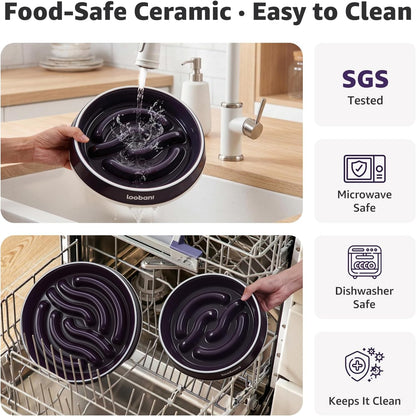 LOOBANI Slow Feeder Dog Bowls - 3.5 Cups Ceramic Slow Feeder Dog Bowls for Large Dogs, Slow Feeding Easy-Grip Handles, Perfect for Fast Eaters Goldens, Labradors & Huskies (L, Purple)