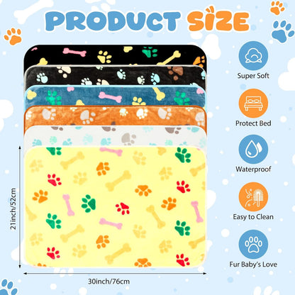 Tegeme 6 Pcs Waterproof Dog Blanket 24 x 16 Inch Paw Print Pet Blanket for Dogs Cats Puppy Washable Soft Fluffy Fleece Rug Flannel Throw Warm Sleep Mat for Kitten Doggy