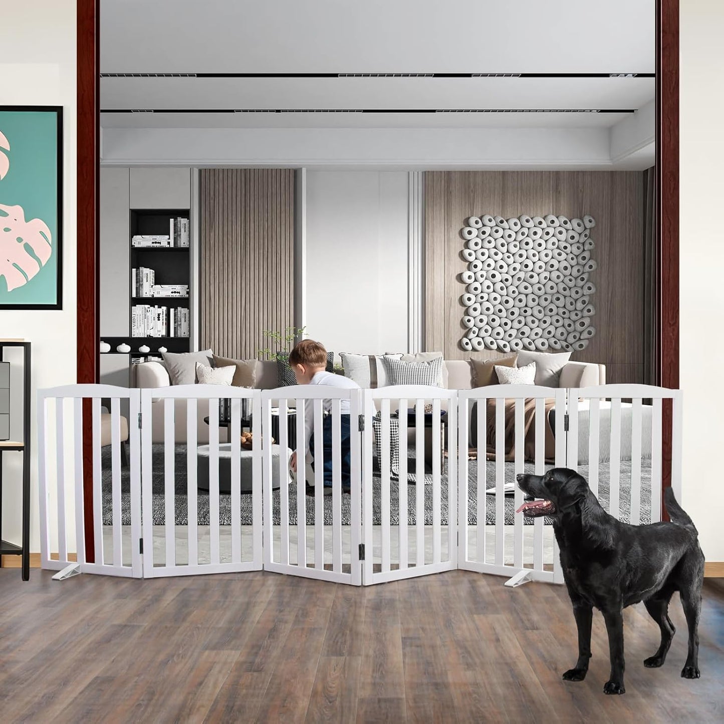 ZJSF Foldable Freestanding Indoor Dog Gate for House Wood White Long Pet Gates Dog Fence for Stairs Puppy Gates for Hallways,Pet Fence, Puppy Gate,Support Feet Included 24 "Height-3 Panels
