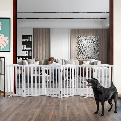 ZJSF Foldable Freestanding Indoor Dog Gate for House Wood White Long Pet Gates Dog Fence for Stairs Puppy Gates for Hallways,Pet Fence, Puppy Gate,Support Feet Included 24 "Height-3 Panels