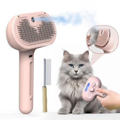 Pet Grooming Brush with Electronic Mist Spray - Gentle Deshedding Tool for Cats & Dogs, Pet Steam Brush，Reduces Shedding, Soft Bristles, Promotes Healthy Coat-Comes with a hair smoothing comb-White