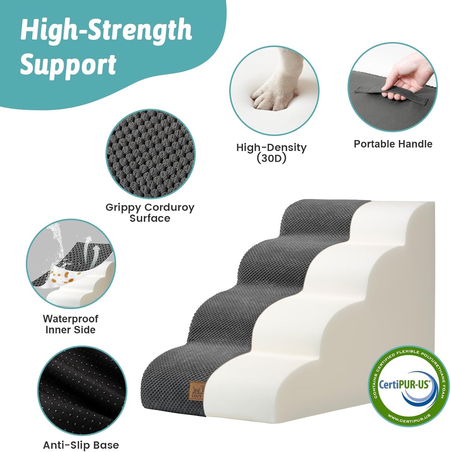 COZY KISS Extra Wide Dog Stairs with Tunnel, Foam Detachable Large Dog Step for Small Pet, Puppy or Cats, Medium Pet Ramp for High Bed, Couch, Sofa or Car, 19.7x33x22.4 inch, 5 Step, Beige