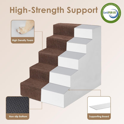 EHEYCIGA Dog Stairs for High Bed 22.5" H, 5-Step Dog Steps for Bed, Pet Steps for Small Dogs and Cats, Non-Slip Balanced Pet Ramp Indoor, Grey