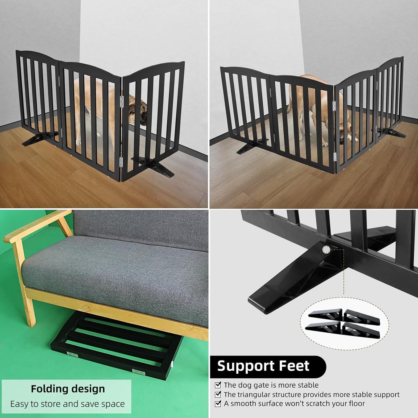 ZJSF Foldable Freestanding Indoor Dog Gate for House Wood White Long Pet Gates Dog Fence for Stairs Puppy Gates for Hallways,Pet Fence, Puppy Gate,Support Feet Included 24 "Height-3 Panels