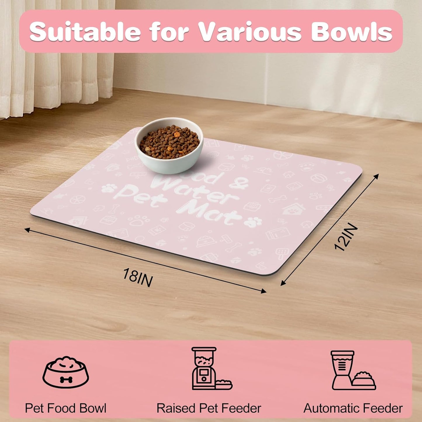 Pet Feeding Mat,Dog Cat Mat for Food and Water,Dog Bowl Waterproof Placemat with Rubber Backing,Absorbent Quick Dry Water Dispenser Mat for Pet（Dark Gray 12"×18"）