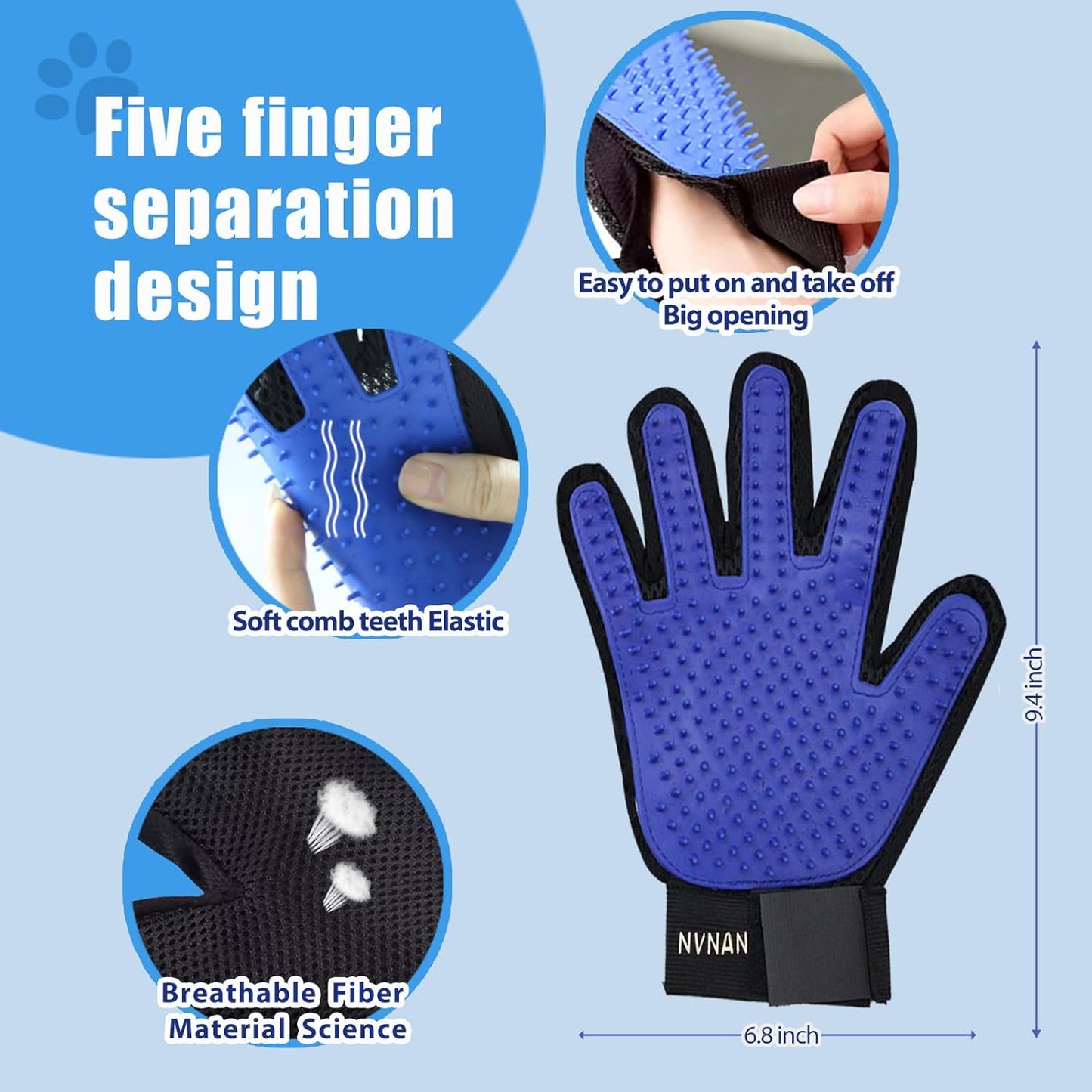 NVNAN Pet Hair Removal Glove for Dogs & Cats, 2-in-1 Deshedding Brush & Massage Mitt - Grooming Gloves for Shedding Control, Bathing and Washing, Safe for Short/Long Hair Pets 2-Pack (Blue)
