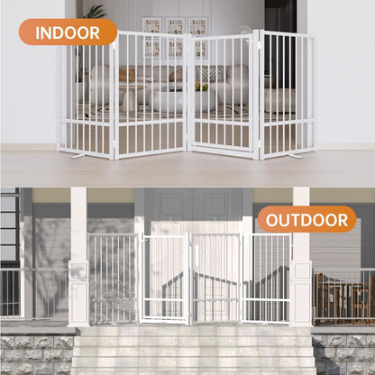 SNUOWU Full Metal Freestanding Dog Gate with Door, 32''Height Foldable Pet Dog Fence for Indoor & Outdoor, 4 Panels Extra Wide Free Standing TallDog Gates for Doorways,House,Stairs,Porch,Deck,Yard