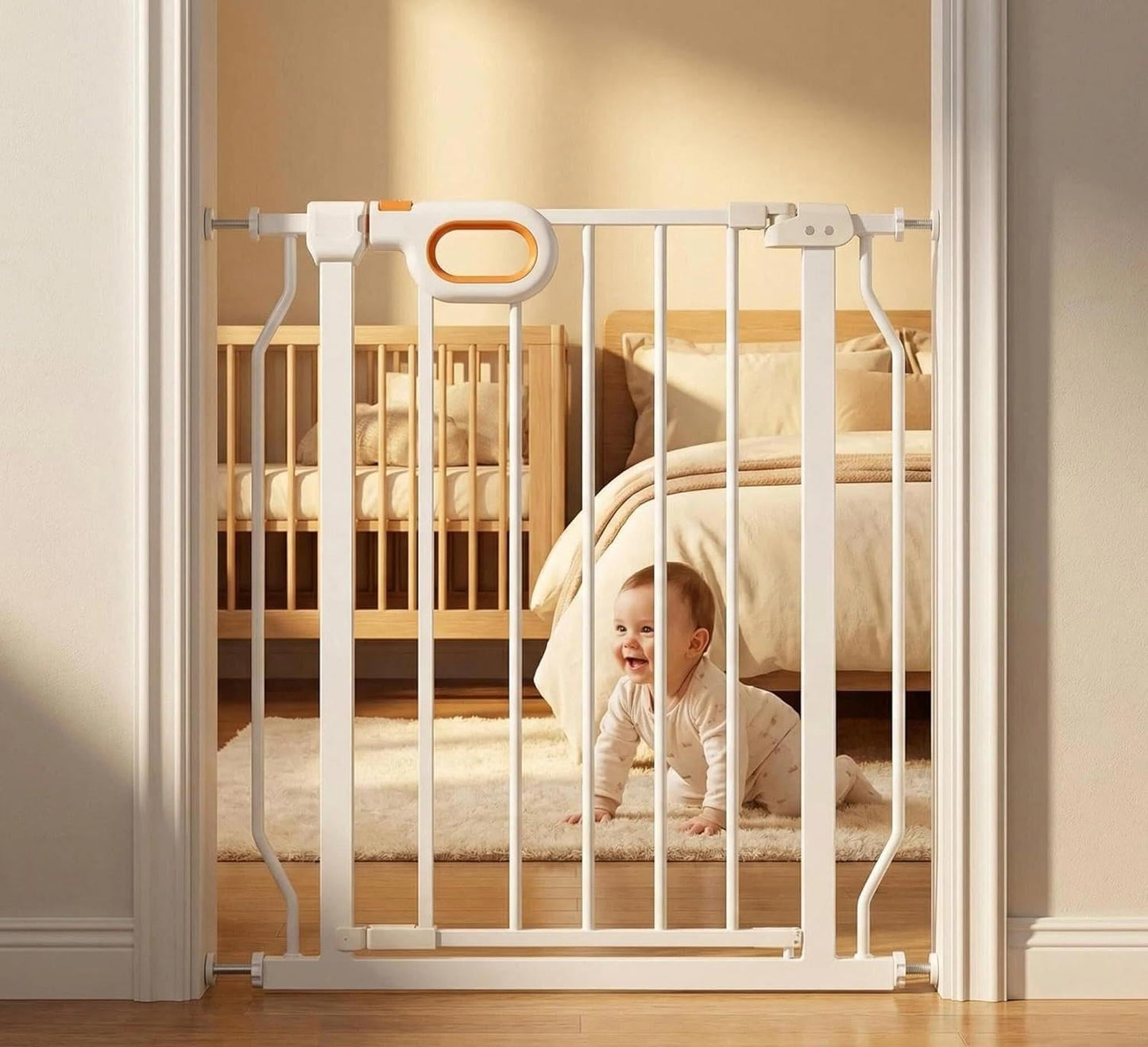 Baby Gates Extra Wide for Large Opennings with Door Pressure Mounted 90.6-95.2 Inch Extra Wide Baby Gate Dog gate for Doorways Indoor Metal Gate No Drilling with Walk-Through Door,White