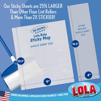 LOLA Rola PET Hair Remover Sticky Mop, Giant Floor Lint Roller, 9" x 3.5", Aluminum Handle, Largest Head, Traps Hair, Dust, Dirt, Extra Sticky Sheets