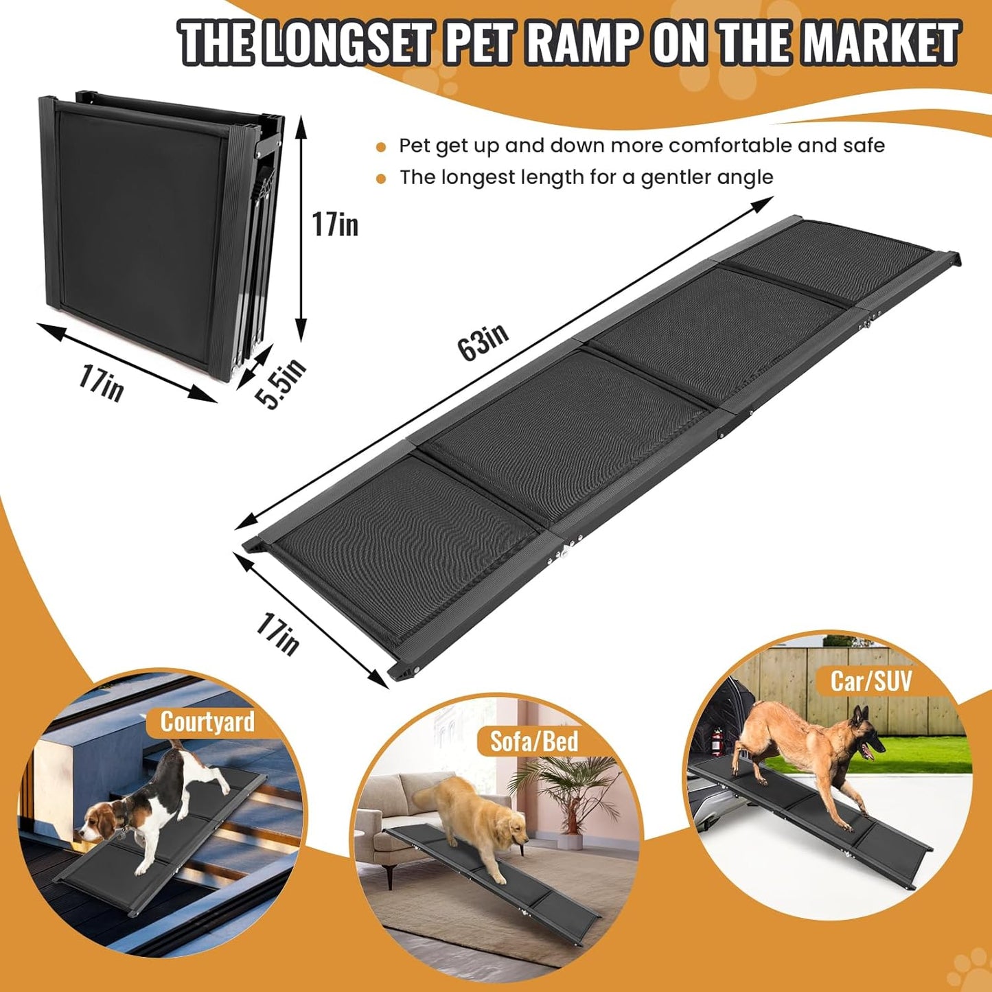 Folding Dog Car Ramp for SUV & Truck - 63"x17" Non-Slip 1680D Oxford Fabric Ramp