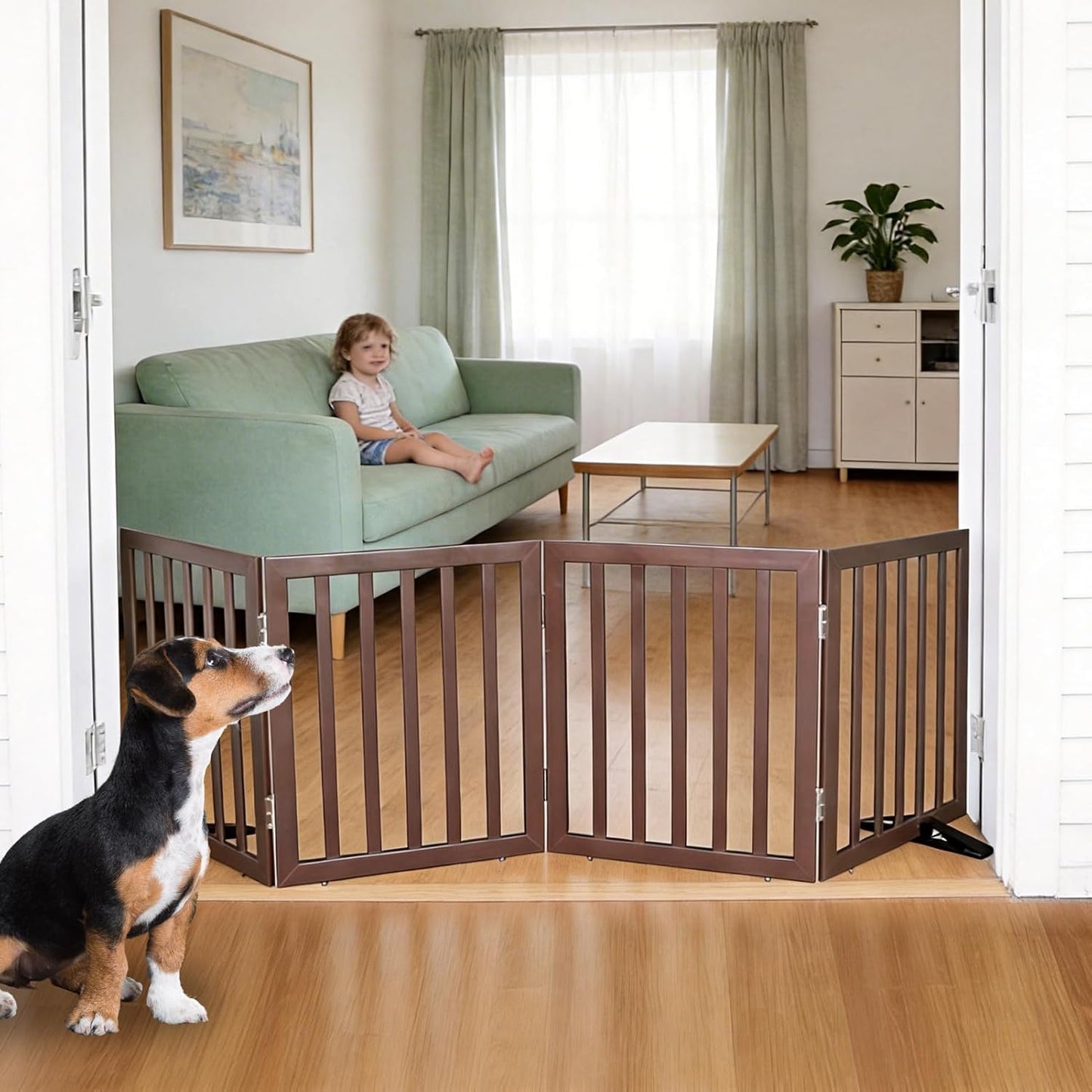 ZJSF Freestanding Indoor Dog Gate for House Foldable Wood Puppy Gate for Doorways Pet Gate for Stairs Extra Wide Pet Fence, Brown, 24" Height 3 Panels