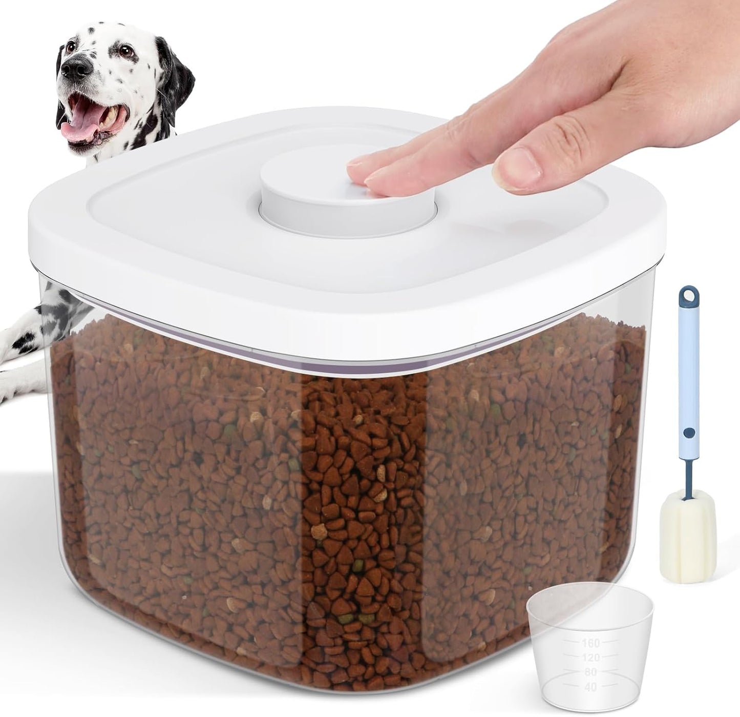 6 lbs Airtight Dog Cat Food Storage Container and Dog Treat Containers BPA-Free, PET Clear Stackable Pet Storage Bin, 1-Cup Scoop, 1-Sponge cleaning brush, Pop Top, With handle, Easy Mobility-Medium