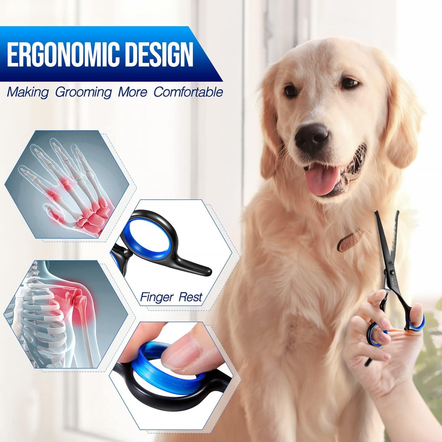 Gimars Titanium Coated Professional 6 in 1 4CR Stainless Steel Dog Grooming Scissors with Safety Round Tip, Heavy Duty Pet Grooming Scissor for Dogs, Cats and Other Animals