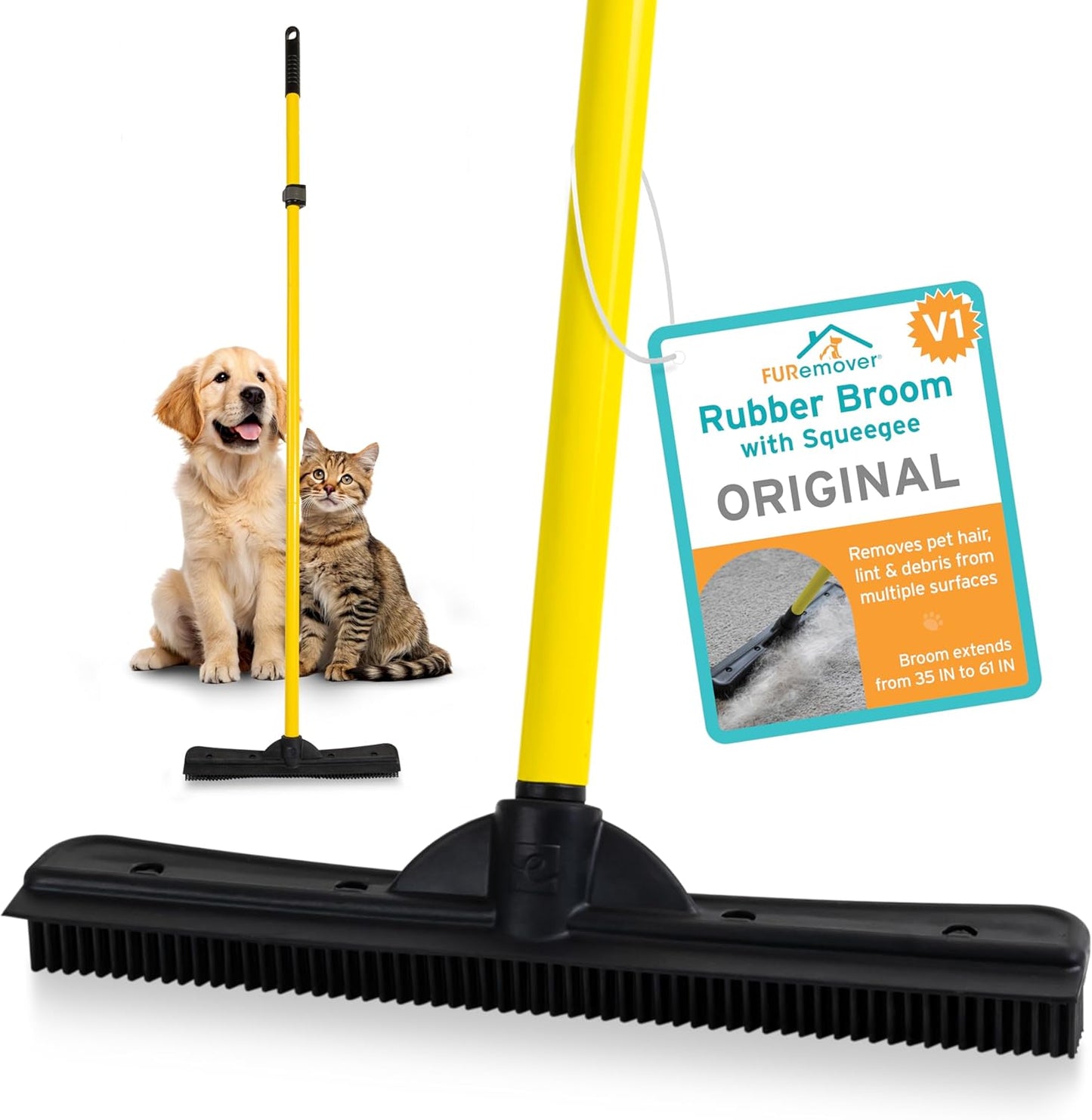FURemover Pet Hair Removal Rubber Broom, 58" Telescopic Handle