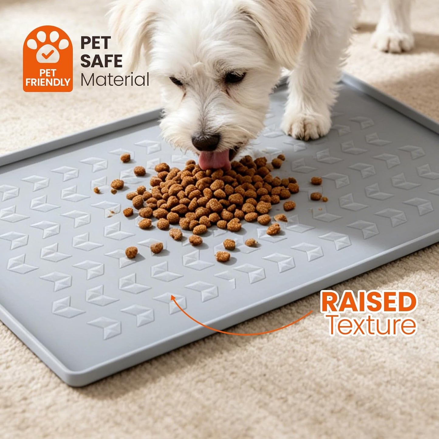 Silicone Pet Feeding Mat - 100% Waterproof Dog & Cat Bowl Pad with Raised Edges - Protects Floors from Messy Eaters & Spills - Anti-Slip, 100% PET-Safe, Dishwasher Safe (Grey 18.5"x11.5")