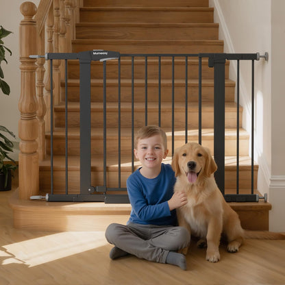 Baby Gate for Stairs, 29.7-40.6" Auto Close Dog Gate Indoor for Doorways, Dual-Lock Design, Adjustable Pet Gate No Drilling with Walk Thru Door for Hallways, Stroller Friendly, Black