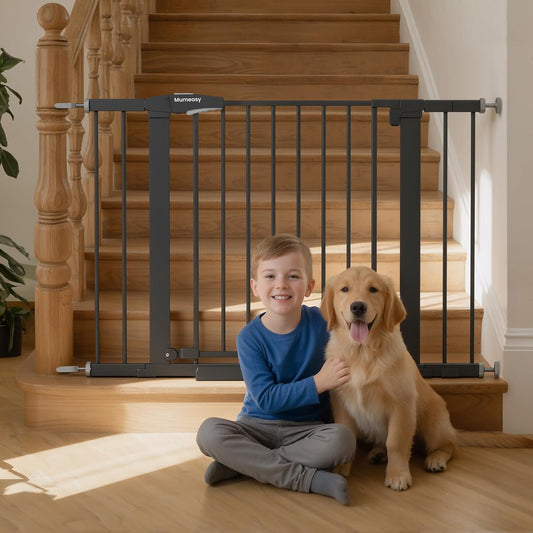 Baby Gate for Stairs, 29.7-40.6" Auto Close Dog Gate Indoor for Doorways, Dual-Lock Design, Adjustable Pet Gate No Drilling with Walk Thru Door for Hallways, Stroller Friendly, Black