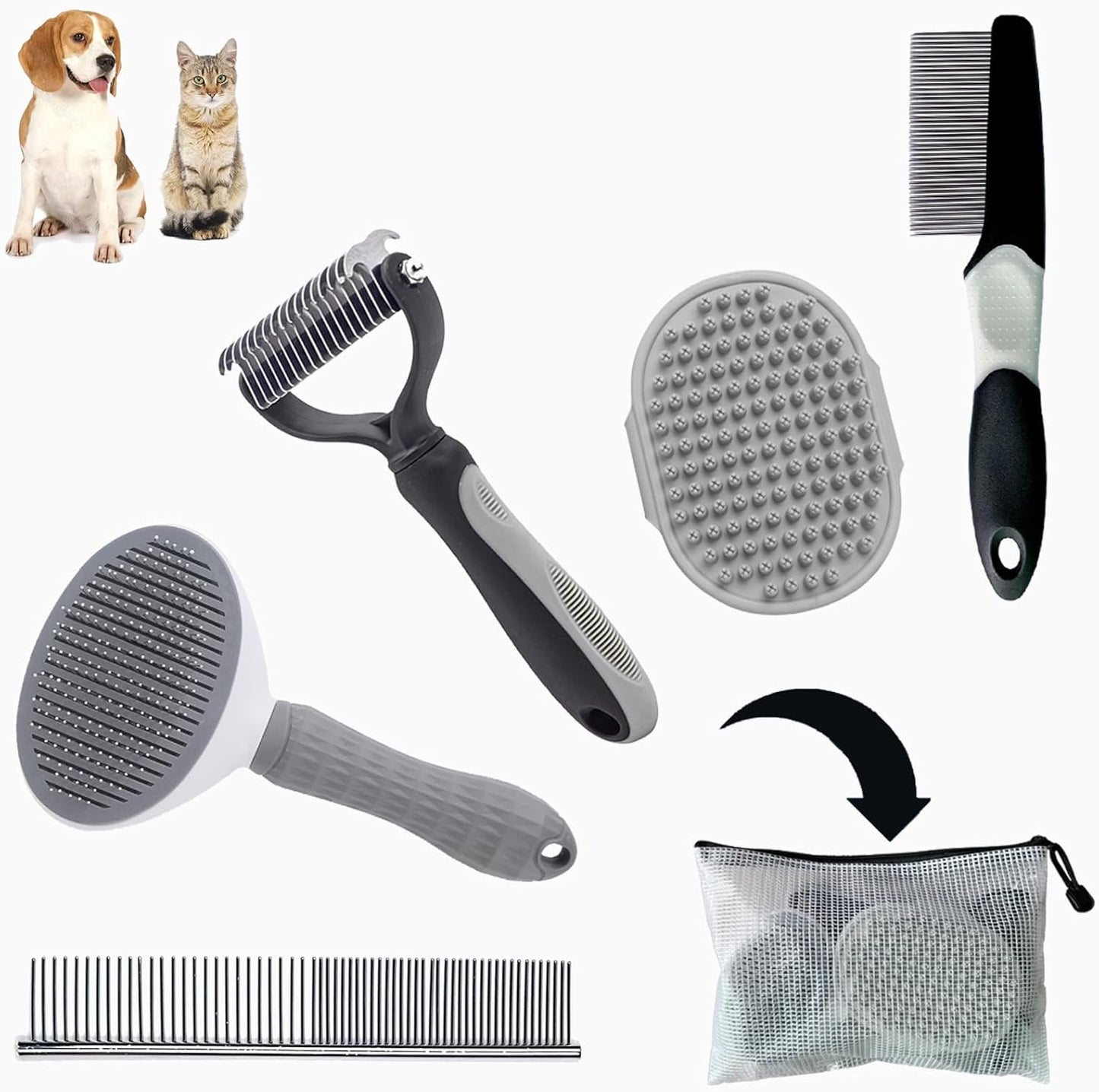 Dog Brush Grooming Kit 5PCS - Dog Brush for Shedding,Puppy Brush and Flea Comb for Dogs, Slicker Brush Comb and Dog Hair Brush Set Blue, Grooming at Home or Travel