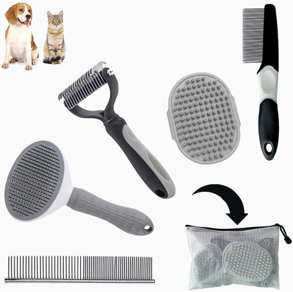 Dog Brush Grooming Kit 5PCS - Dog Brush for Shedding,Puppy Brush and Flea Comb for Dogs, Slicker Brush Comb and Dog Hair Brush Set Blue, Grooming at Home or Travel
