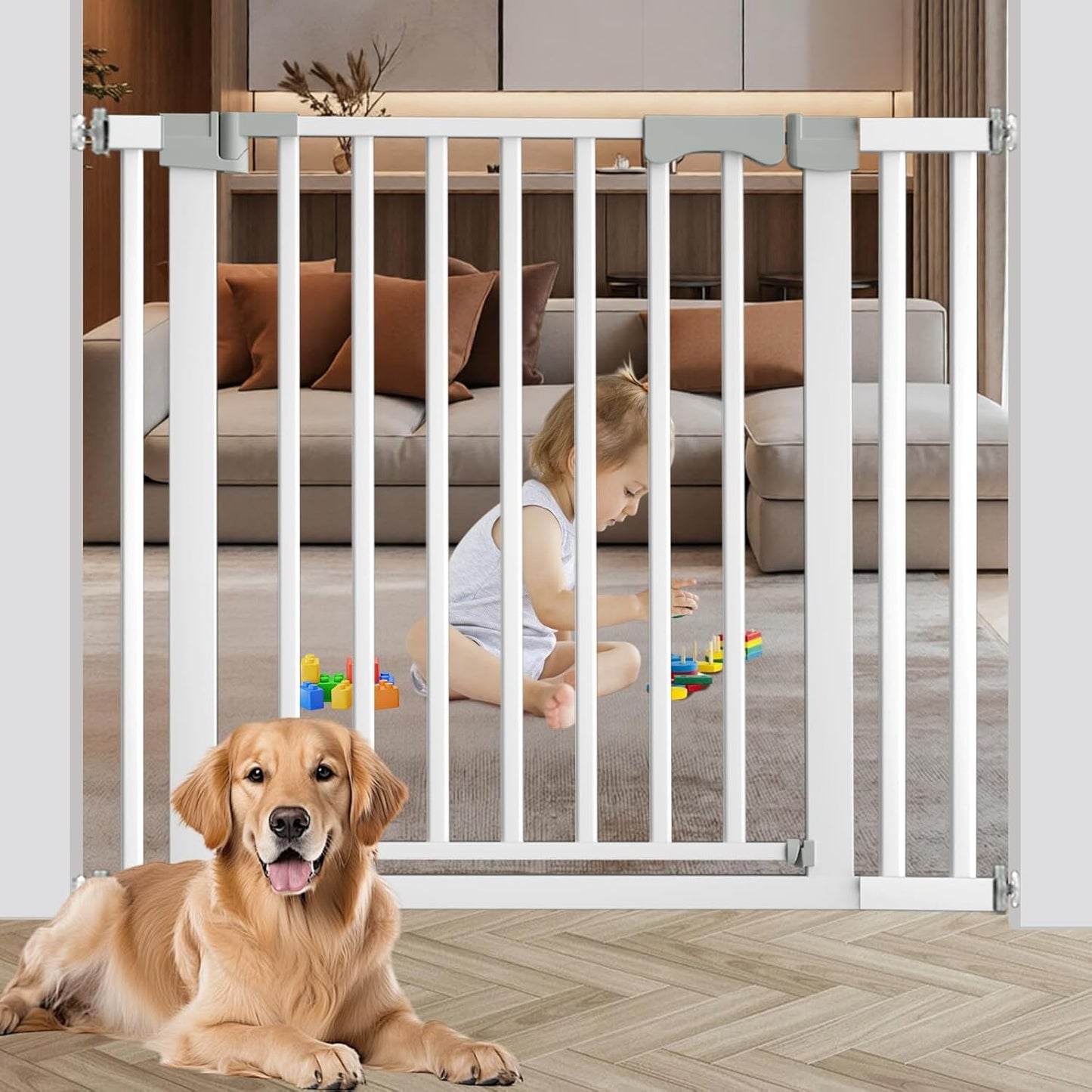 30"-62.5" Extra Wide Baby Gate for Doorways/Hallways,Pressure-Mounted Dog Gate Indoor for Stairs, Auto Close Pet Door for Child/pet Proof Safety, No Need Drilling, White