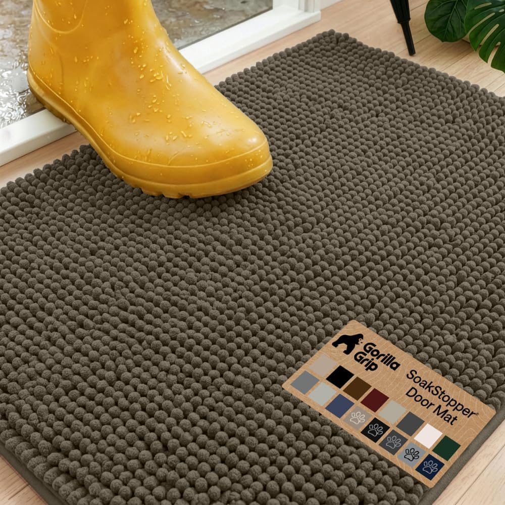 GORILLA GRIP SoakSTOPPER Dog Door Mat, 30x20 Machine Washable Rug Absorbent Doormat Captures Moisture Mud Dirt, Quick Dry Soft Chenille Entryway Rugs Indoor Entrance Mats for Dog Paws, Paw Grey