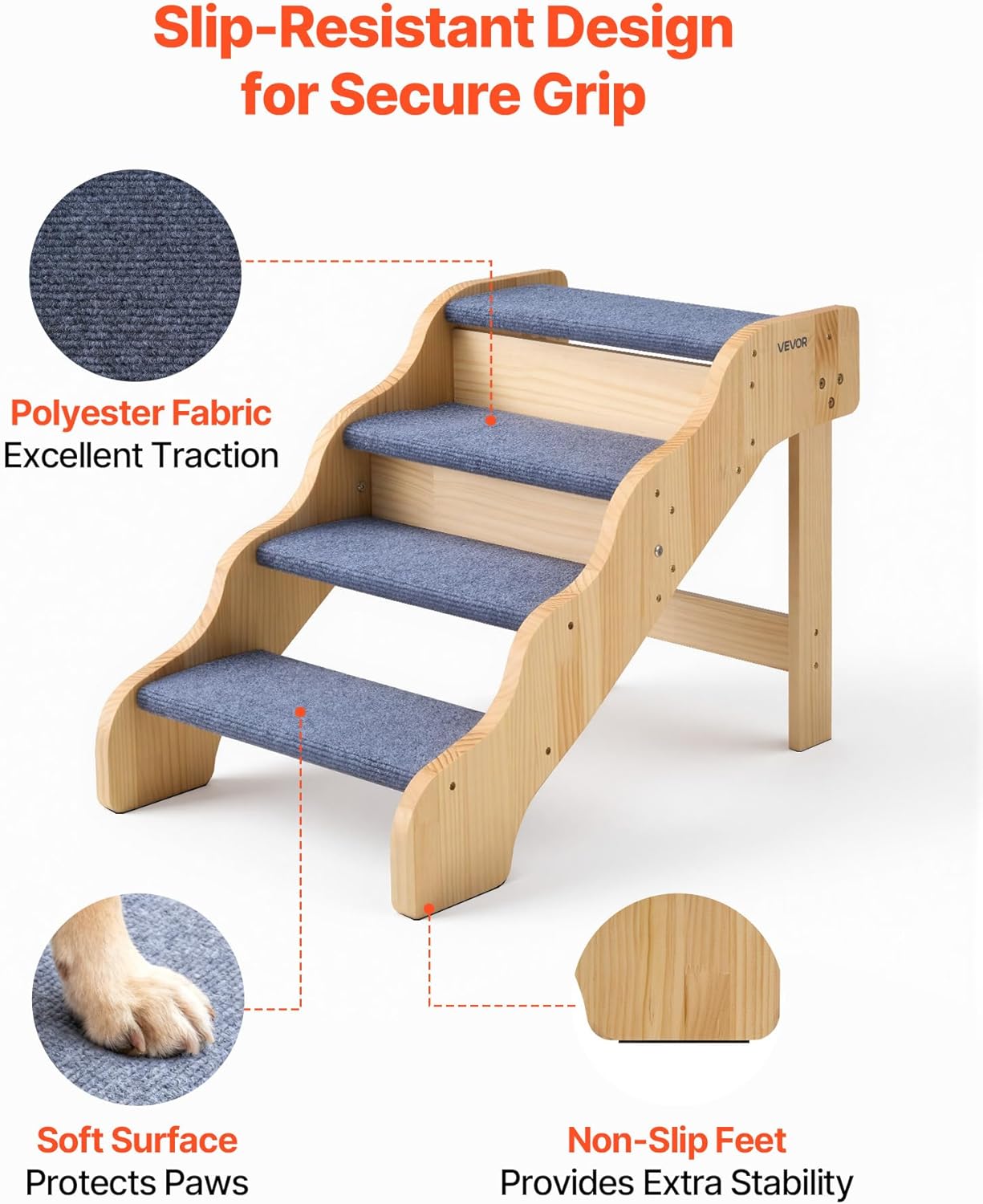 VEVOR Wood Pet Stairs, 2-Step Dog Stairs for Beds, Sofa & Cars, 110lbs Load Capacity, Floded Flat Design, Stable & Sturdy Cat & Dog Step Ladder for Small Medium Large Older Pet Puppy Essentials