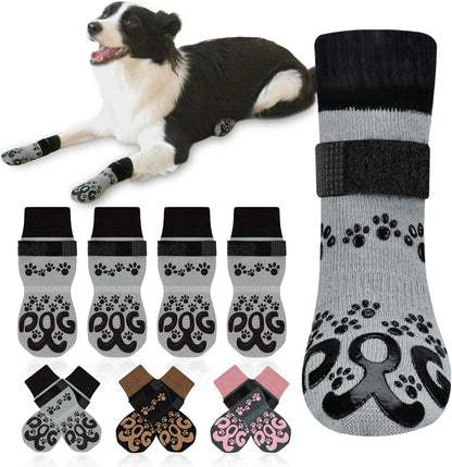 Anti Slip Dog Socks to Prevent Licking Paws - Double Side Paw Covers Dogs Grip Sock for Hardwood Floors, No Twist Dog Booties Grippy Socks for Small Medium Large Senior Dogs, Light Grey and Black, L