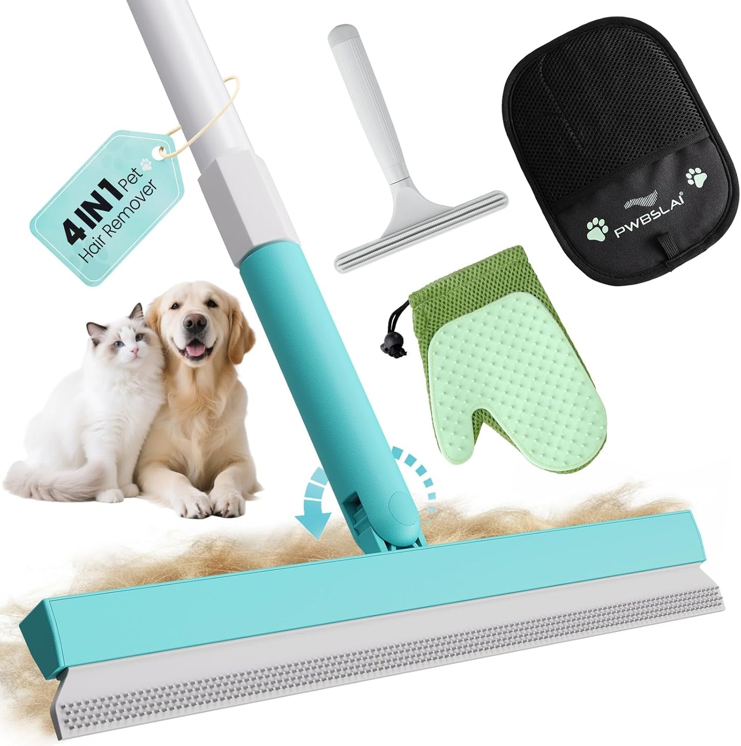 Carpet Rake for Pet Hair Removal Tool - 4 in 1 Pet Hair Remover Kit for Dog Cat Fur Remover, Contain 60" Adjustable Rubber Broom, Glove, Magic Brush and Scraper for Furniture,Short Pile Carpets, Mats