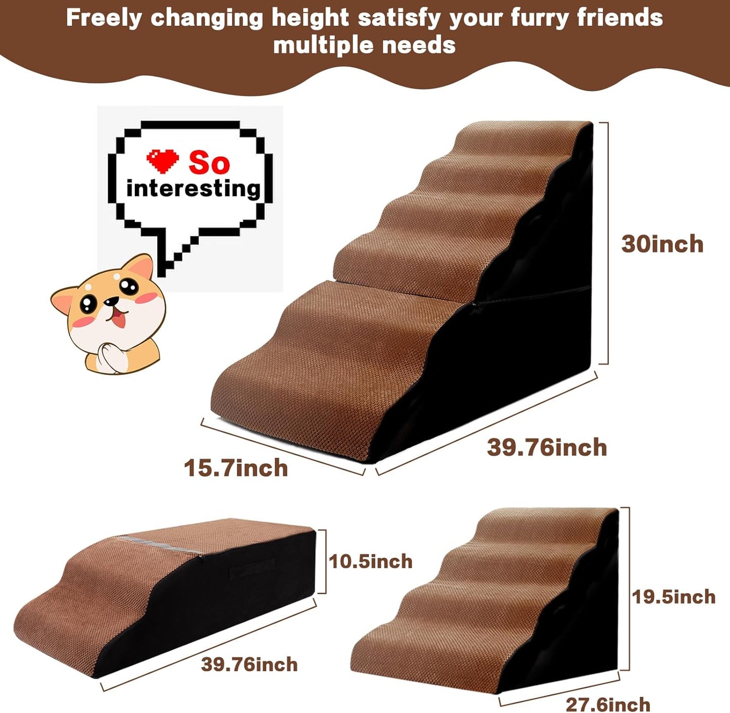 Dog Stairs for High Beds 30-36 inches Tall, 6-Step Dog Steps for Bed 32-36 inches for Small Large Dogs, Doggie Ramp for Bed, 30D Foam Pet Stairs for Old Dogs/Cats, Free-Installation, Grey