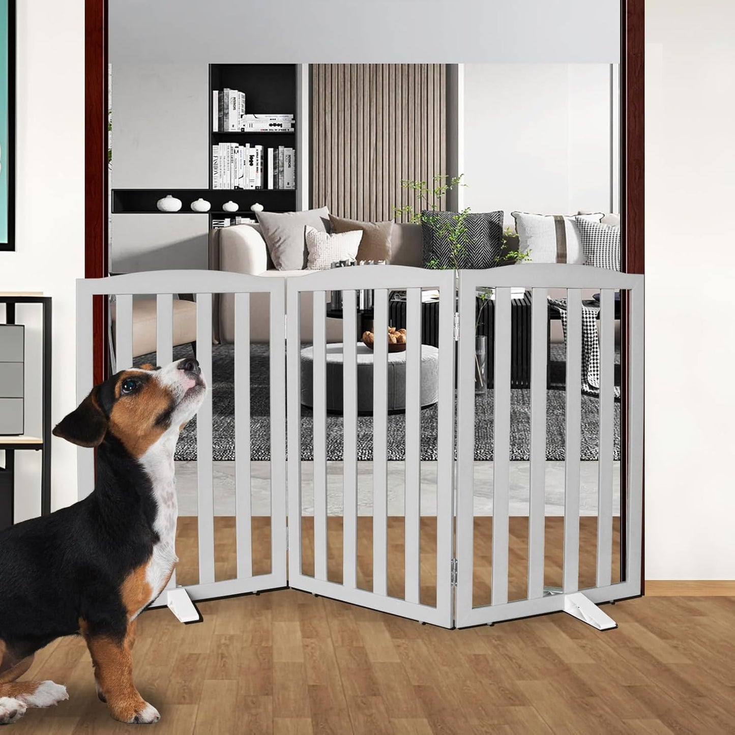 Freestanding Dog Gate Indoor,Doggie Gate Foldable Pet Gates for Doorways,Stairs or Hallways, Wooden Brown Pet Gate for the House, Pet Fence with Support Feet Included,24 "Height-3 Panels