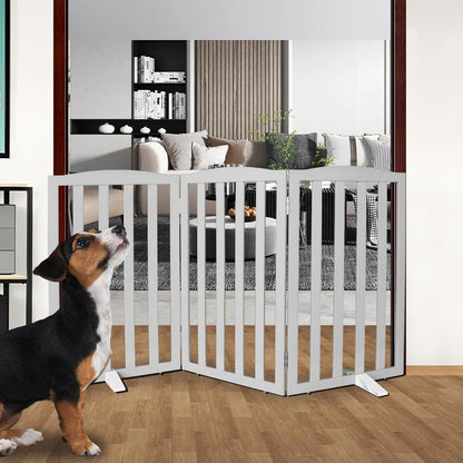 Freestanding Dog Gate Indoor,Doggie Gate Foldable Pet Gates for Doorways,Stairs or Hallways, Wooden Brown Pet Gate for the House, Pet Fence with Support Feet Included,24 "Height-3 Panels