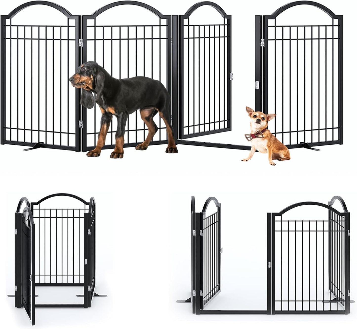 BHG Metal No-Assembly Freestanding Dog Gate with Door Walk Through, Extra Wide 144", Extra Tall 32" Pet Gate, Accordion Puppy Folding Playpen Dog Fence, with 2PCS Support (Black, 6 panesl)