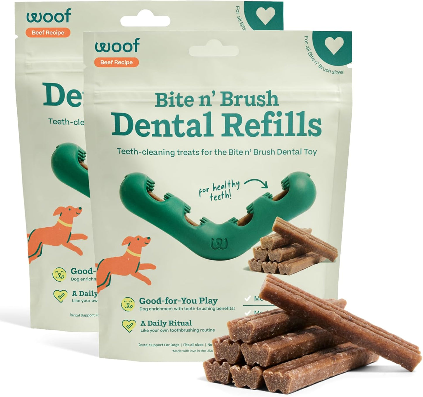 WOOF - Bite n' Brush Refills Treats for the Dog Toothbrush Toy - Scrub Plaque and Tartar from Your Dog's Teeth and Mouth - Dog Dental Sticks - 36 Refills - Beef - 2 Pack