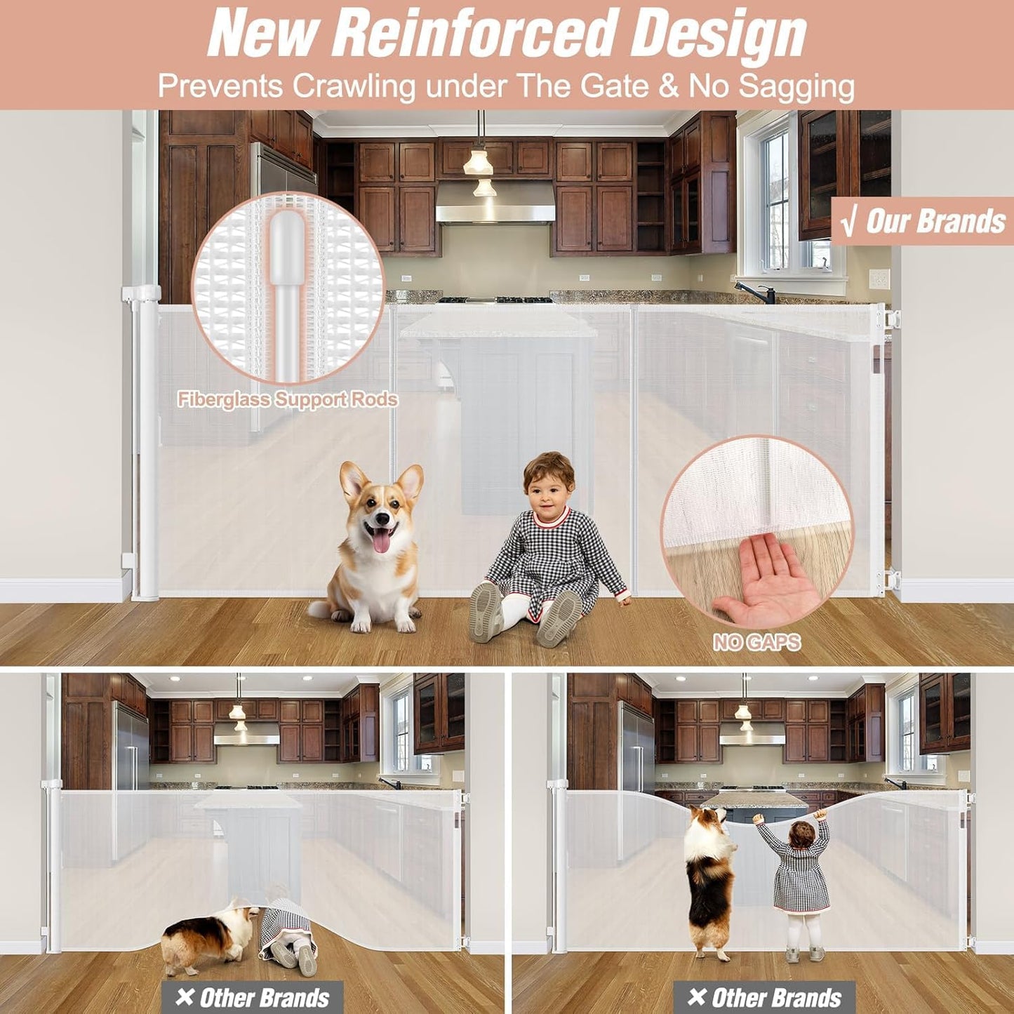 Reinforced 42" Tall Retractable Dog Gate, 155" Extra Long Retractable Baby Gate with Support Rods - Prevent Crawling Under, Indoor/Outdoor Retractable Gate Extra Tall Baby Gate Retractable Fence/Black