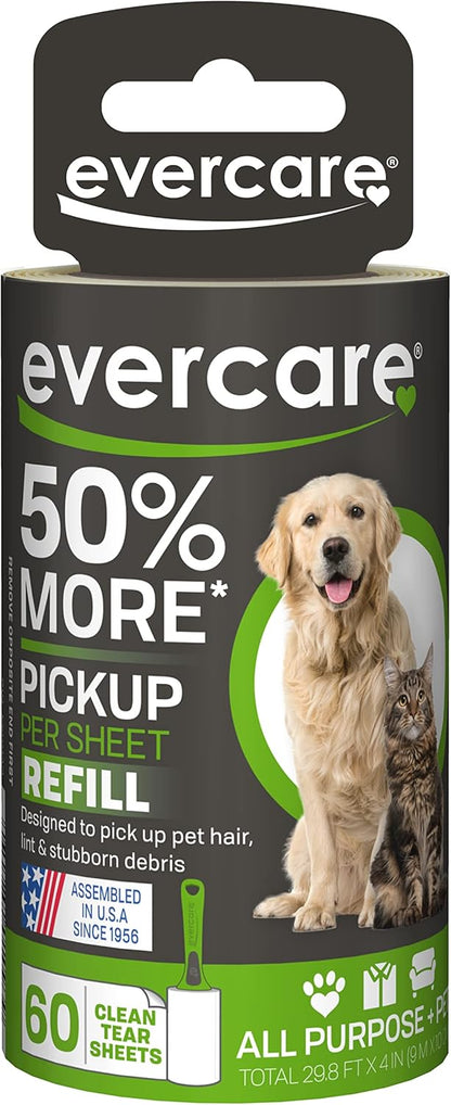 Evercare Pet Lint Roller Refill, Manual Operation, 60 Sheets per Roll, 6 Count Refill Pack for Pet Hair Removal, Green