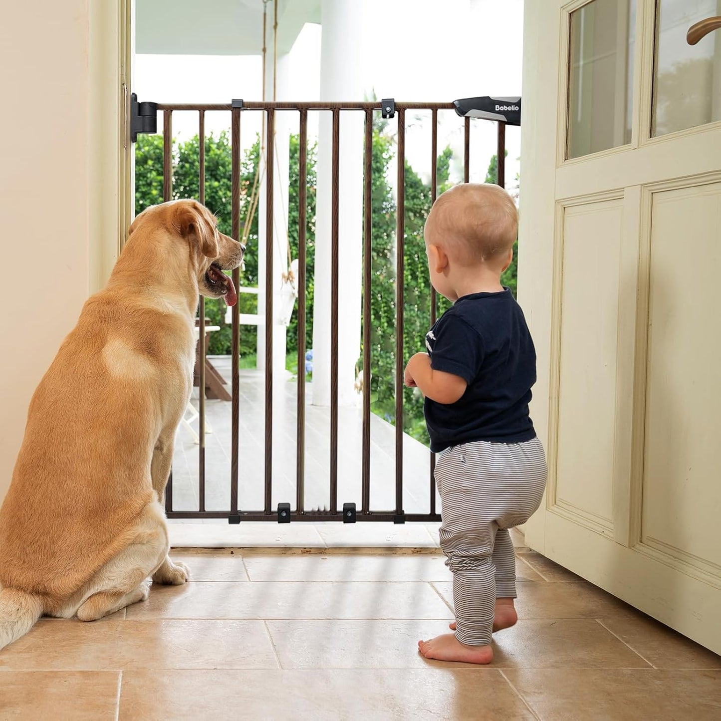 Babelio Baby Gate for Stairs, Kitchen & Doorways, 26-43" W 28" H No Bottom Bar| Easy Installation| One-Handed Operation| Auto-Close| Hardware Mount (Drill Needed) Safety Dog/Pet Gate Indoor (White)