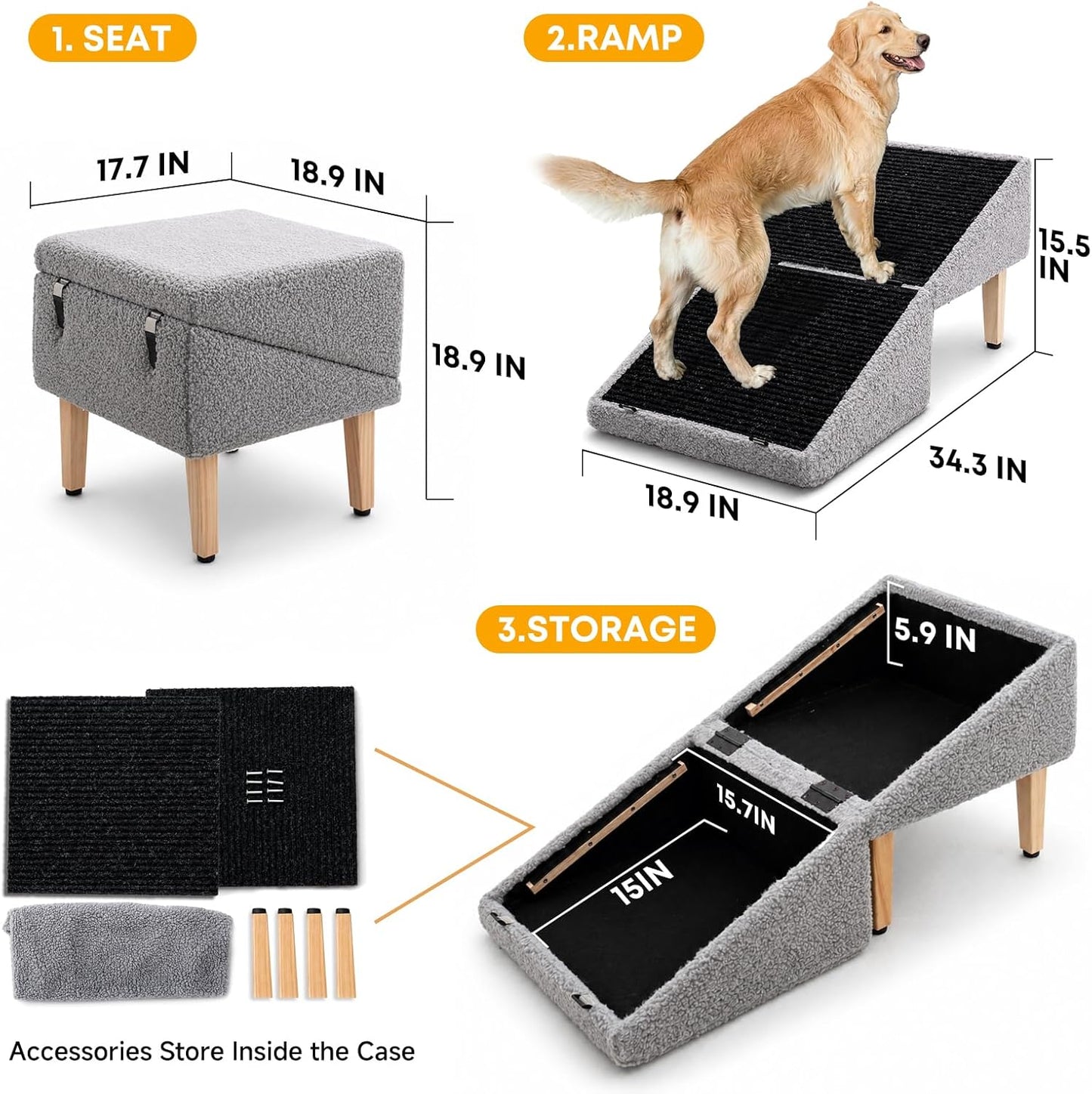 3-in-1 Dog Ramp with Storage 18.9"×17.7"×18.9", Dog Steps Anti-Slip, Foldable Pet Stairs, Ottoman Pet Ramp for Puppy Senior or Injured Dogs & Cats, Supports 220 lbs for Couch & Bed