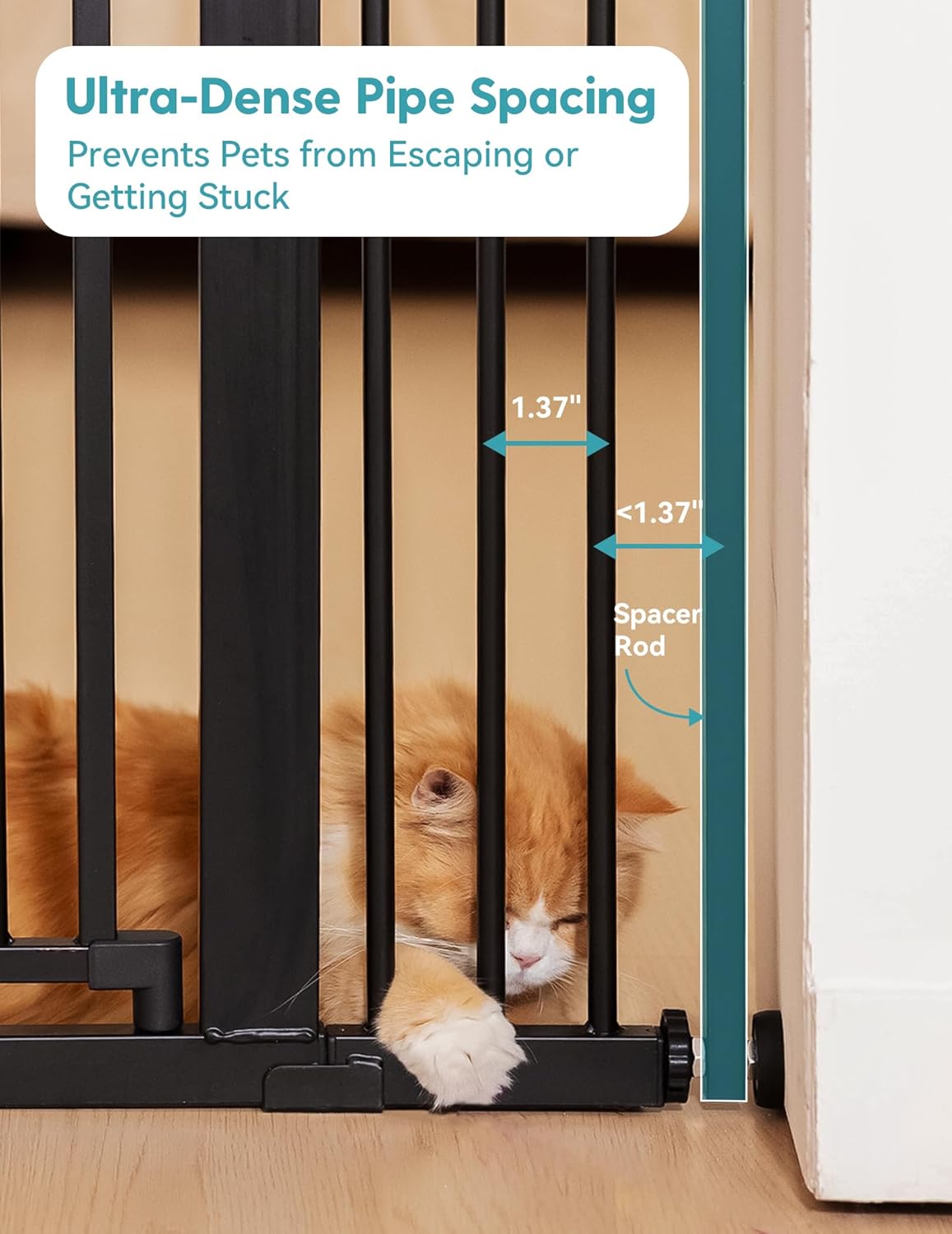 No Pawblems Upgraded 71" Extra Tall Pet Gate for Cat, 29-43" Auto Close Cat Gate for Doorways/Stairs/Hallways, NO Drilling Pressure Mounted, 1.37" Pet-Safe Gap (Black, 71" Tall, 29-43" Wide)