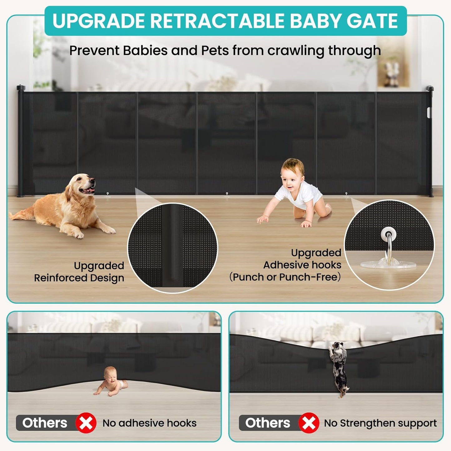 Upgrade Retractable Baby Gates Extra Wide (150" W x 42" H), 150 inch Reinforced Retractable Dog Gate to Prevent Crawling Through, Retractable Gate Outdoor/Indoor, Real One-Handed Operation, Black