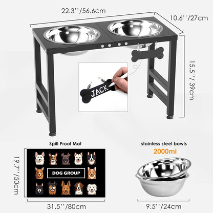 ADENGL Elevated Dog Bowls, 10" Tall Height, Raised Bowl Stand with 2 Stainless Steel Food Feeder Bowls (58oz) and Spill-Proof Mat for Medium Large and Small Breeds