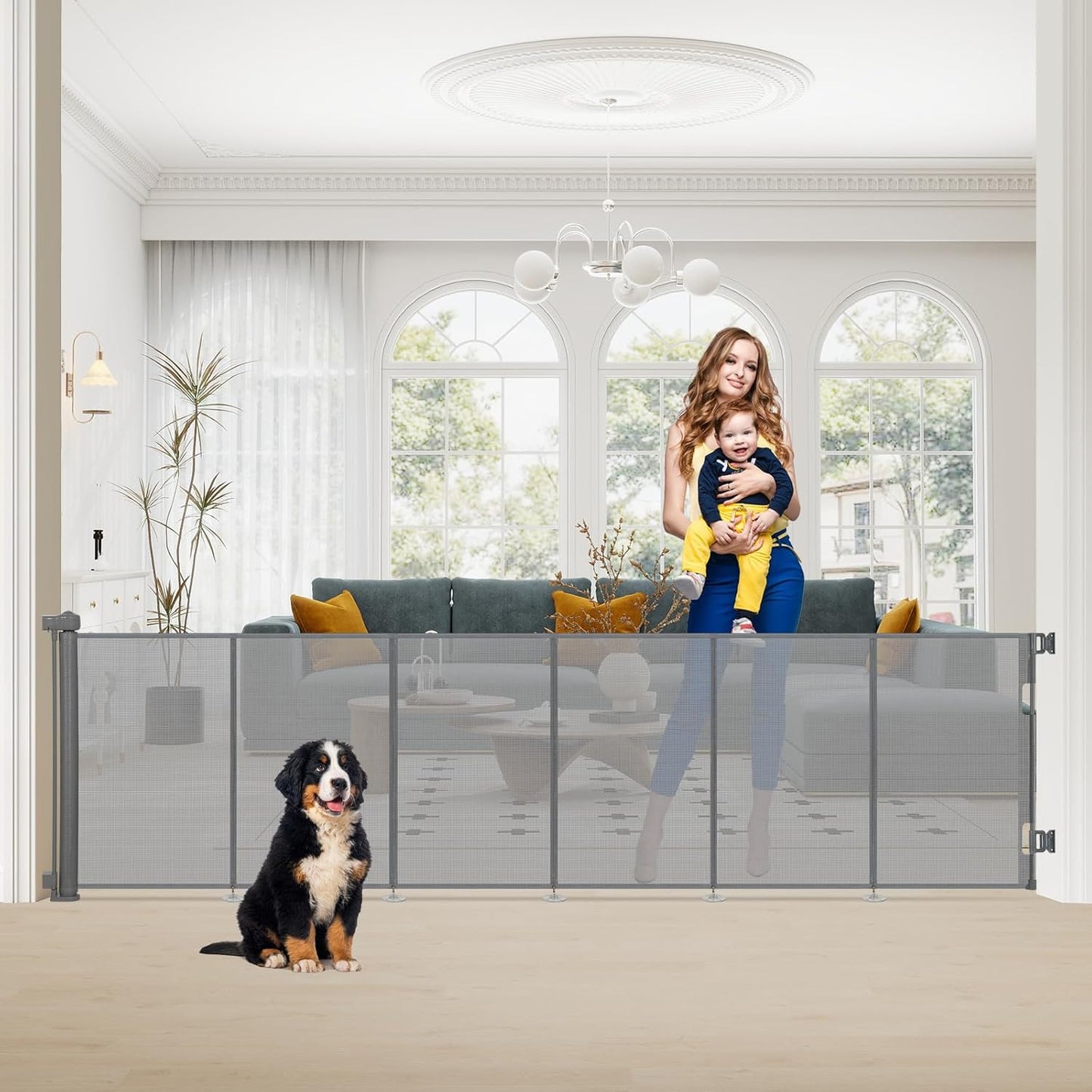 SMONTER Extra Wide Retractable Dog Gates, Mesh Baby Gate with Support Rods Extend to 118" Wide 33" Tall, Portable Safety Retractable Gate for Stairs, Indoor/Outdoor, Black