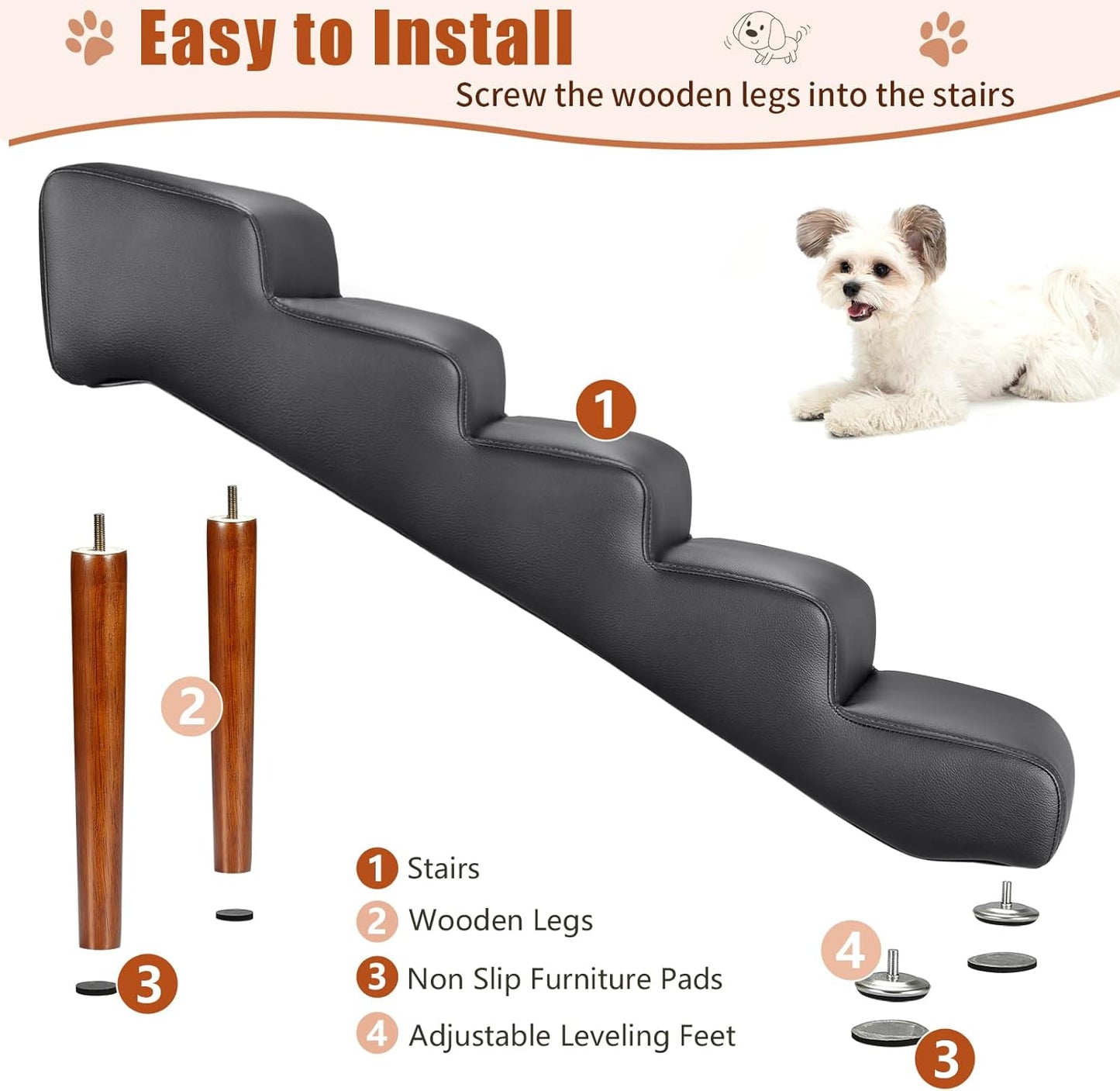 Senneny Imitation Linen Faux Leather Dog Stairs, for Pets up to 150 lbs, Waterproof, Scratch Resistant Pet Steps/Stairs with High Density Foam and Detachable Wooden Legs, Light Beige Linen, 4 Step