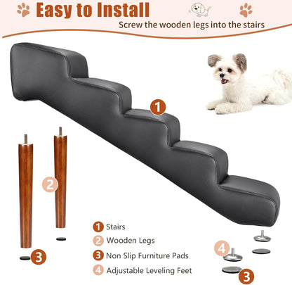 Senneny Imitation Linen Faux Leather Dog Stairs, for Pets up to 150 lbs, Waterproof, Scratch Resistant Pet Steps/Stairs with High Density Foam and Detachable Wooden Legs, Light Beige Linen, 4 Step